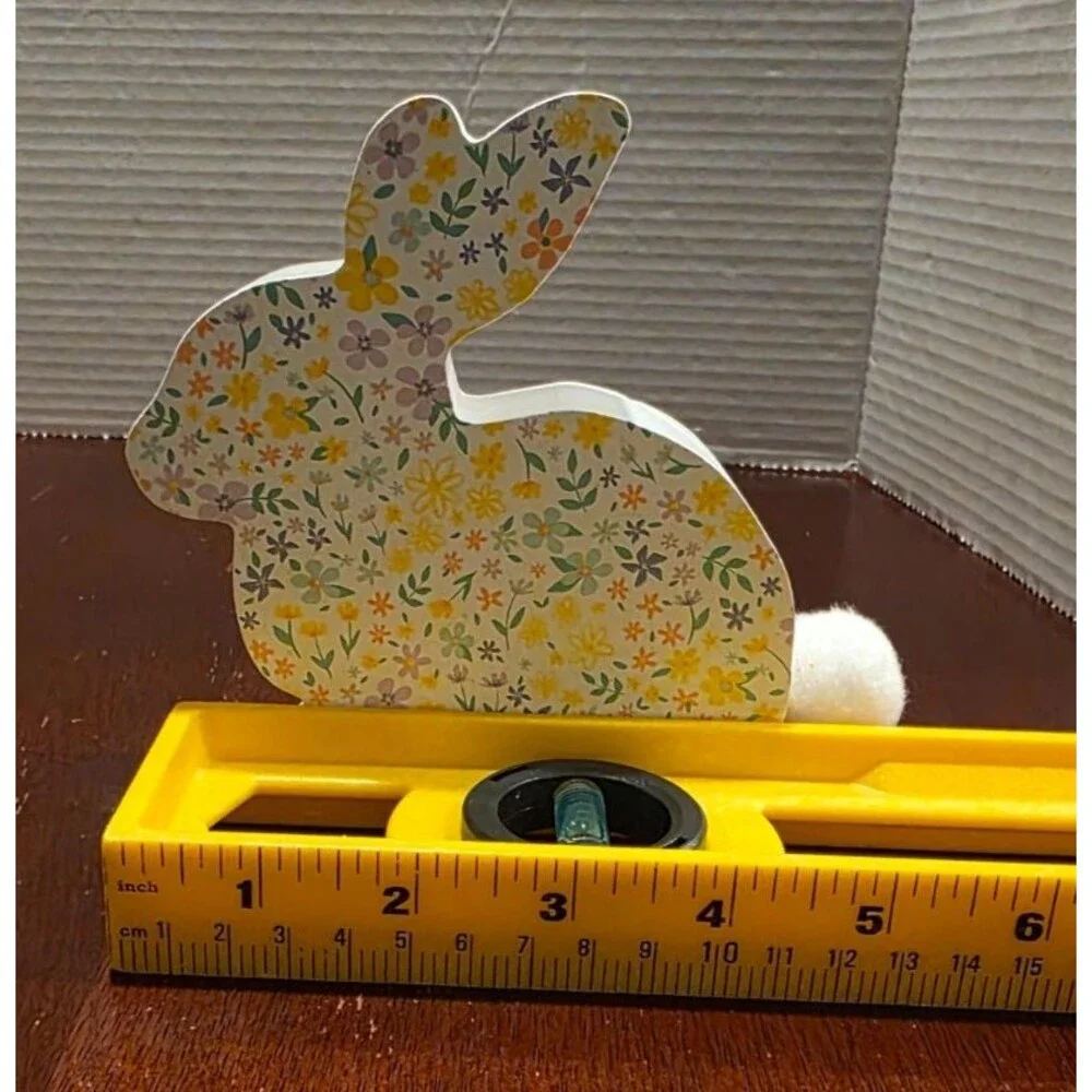 Spritz Wooden Bunny Figurines Colorful Floral Pattern Plush Tail Set of 2